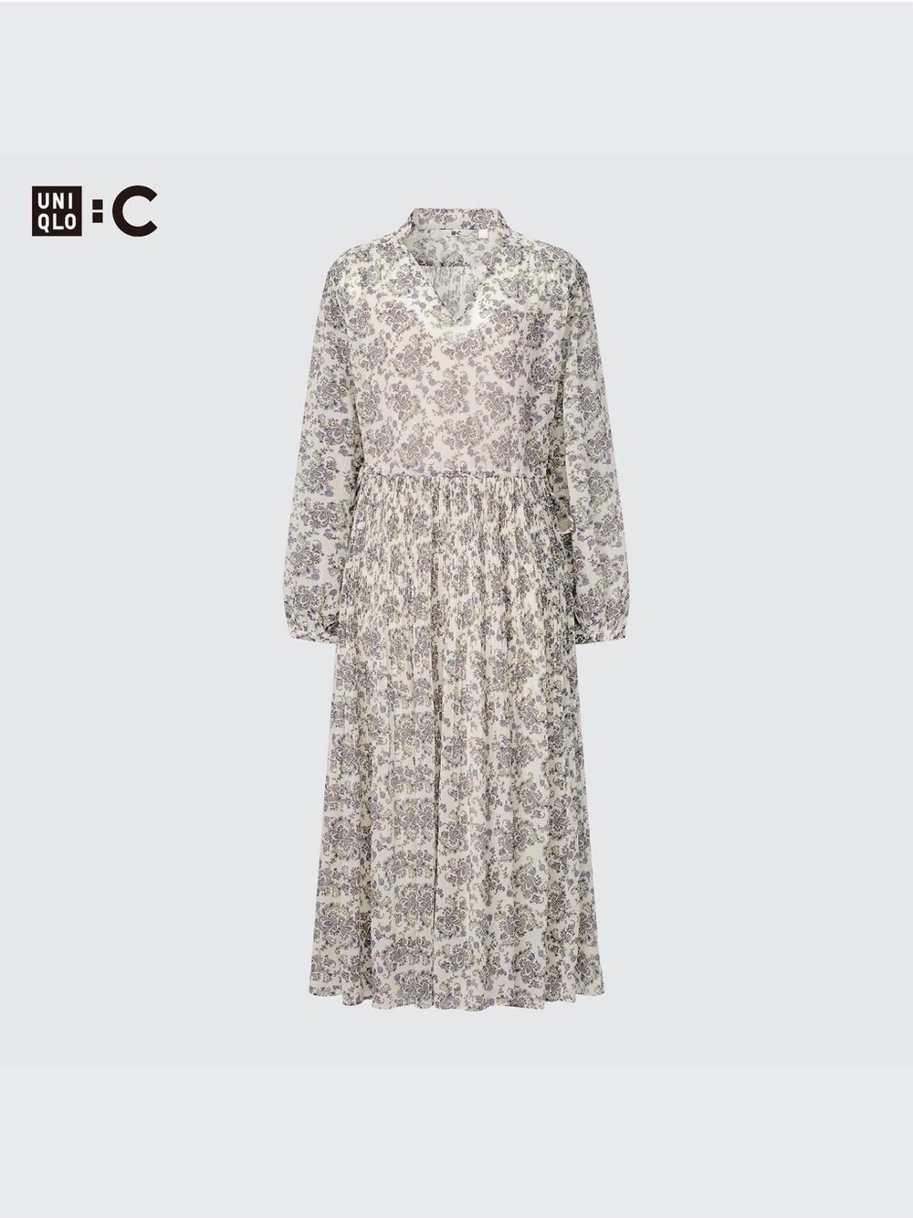Uniqlo C collection Printed Chiffon Pleated Long Sleeve Dress Off White